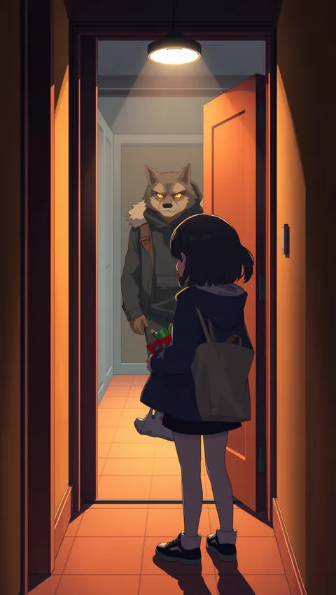 A girl in a hallway facing her wolf-eyed neighbor