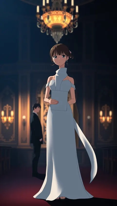 A bride in a white gown holding a contract in a dark ballroom