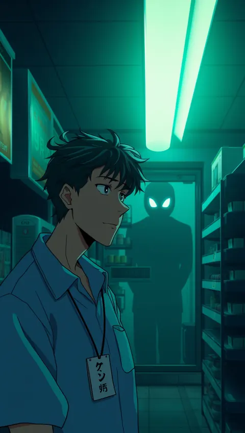 A night-shift clerk with a ghostly figure reflected behind him