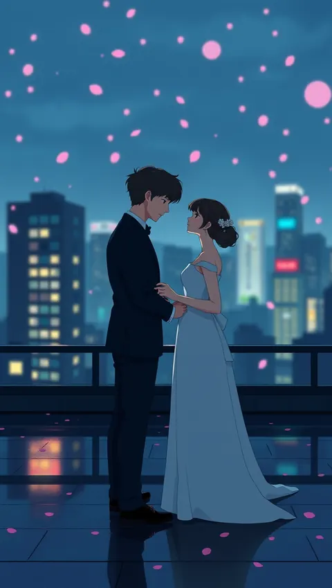 Two lovers sharing a vow on a rooftop at night, cherry blossom petals drifting